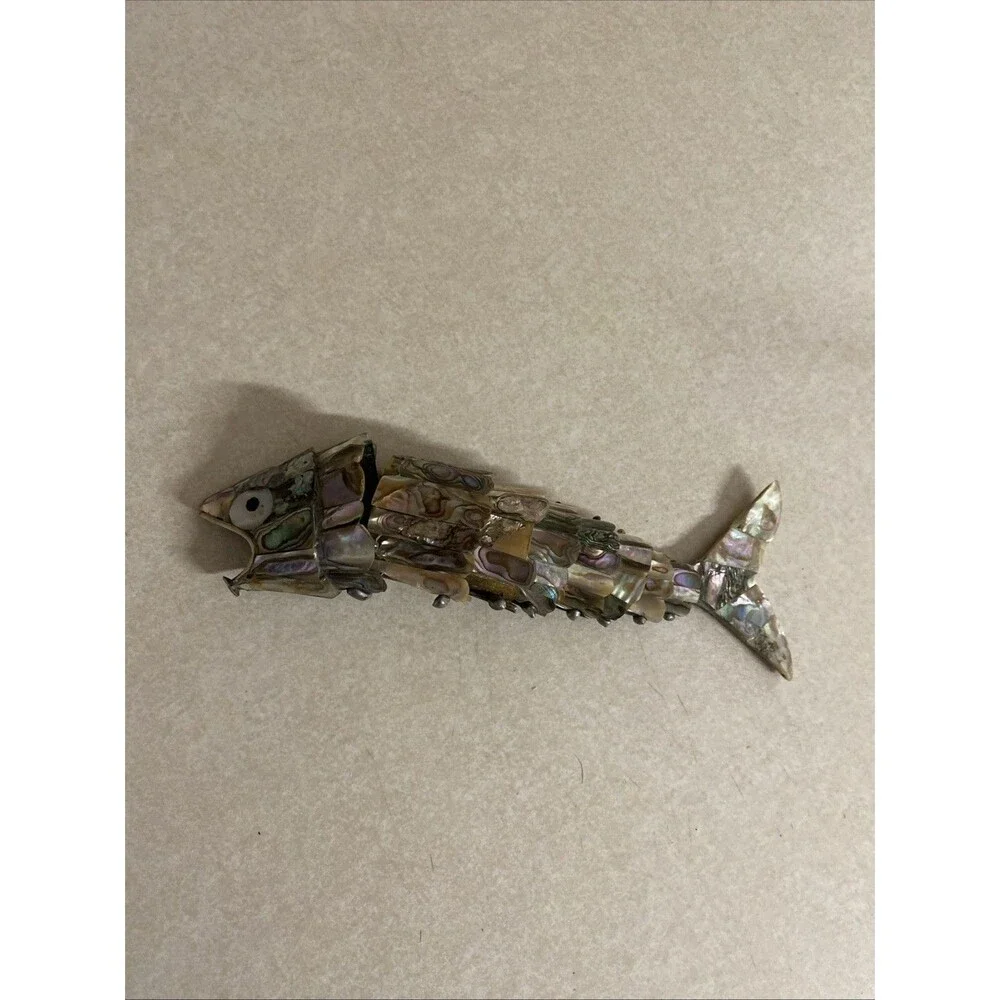VINTAGE ARTICULATED FISH BOTTLE OPENER MOTHER OF PEARL ABALONE SHELL MEXICO